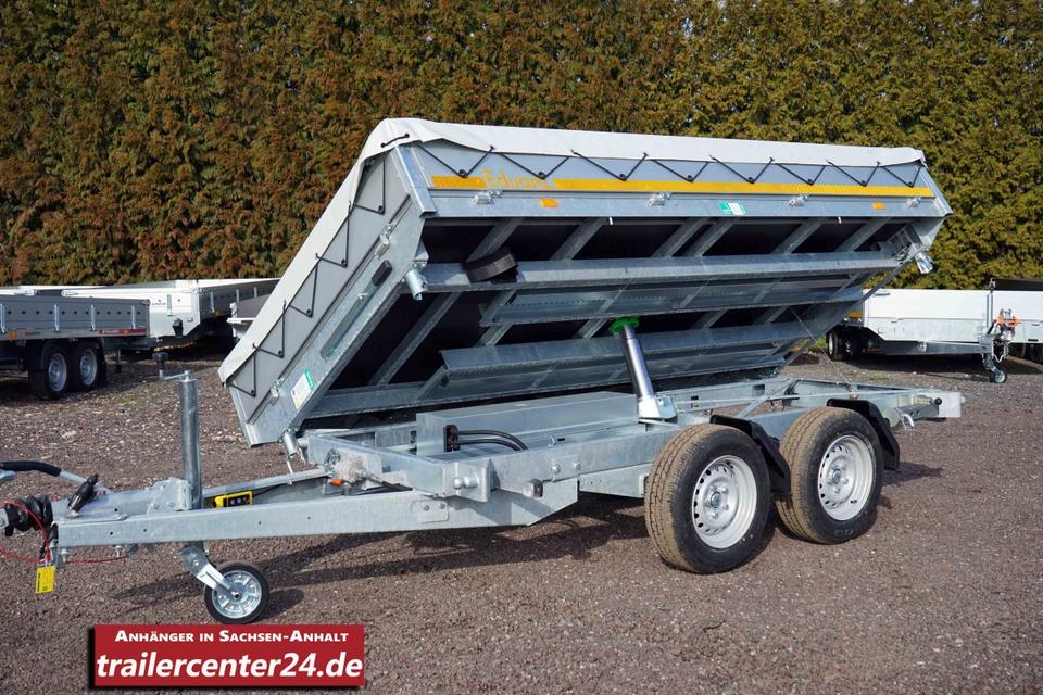 2.7 t Electric 3-Sided Tipping Trailer, 3.11 x 1.60 m, with Emergency Hand Pump, Rear Supports, Flat Cover, Mesh Hooks, and Rails