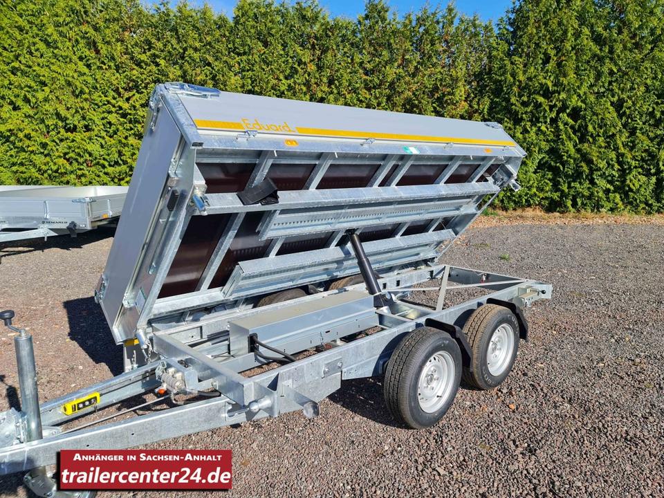 2.7 t Electric Three-Sided Dump Trailer, Bed 3.11 x 1.60 m, with Emergency Hand Pump, Ramp Rails, Supports – Tandem