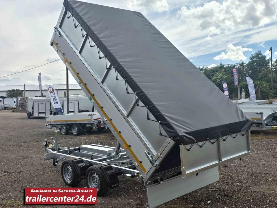 Fully Electric 3.5t Three-Sided Tipping Trailer, 3.30 x 1.80 m, with Emergency Hand Pump, Supports, Rails, Dampers, Crank Stands, Closed Lattice Gates, 60 cm Flat Tarpaulin, Net Hooks, Dust Box